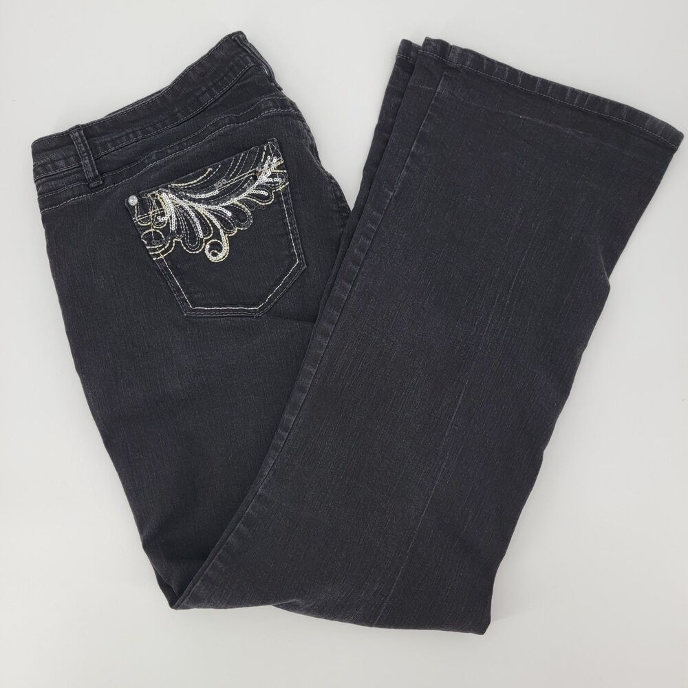 Roz&Ali Women 18 Black Sequin & Rhinestone Gold Thread Embellished Bootcut Jeans